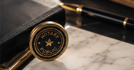 Notary stamp and pen on a desk
